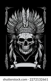 Indian skull black and white hand drawn illustration