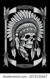 Indian skull black and white hand drawn illustration