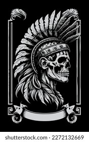 Indian skull black and white hand drawn illustration
