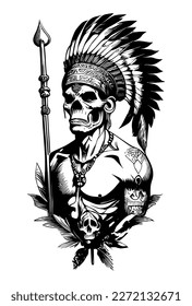 Indian skull black and white hand drawn illustration