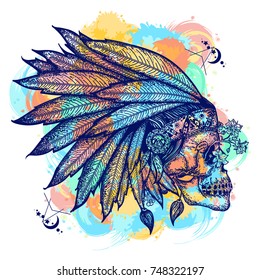 Indian skull color tattoo art. Warrior symbol. Wild west water color splashes tattoo 
