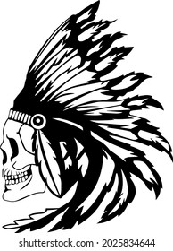 Indian skull with eagle head mascot. Native American Indian Chief Skull With Tomahawk.Hand drawn line vector illustration. Black and White Tattoo Skull. 