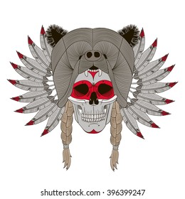 Indian skull , feathers , bear head, Indian culture , vector graphics