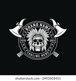 Indian skull head, skull and crossed tomahawk in vintage style, for label, badge or logo design
