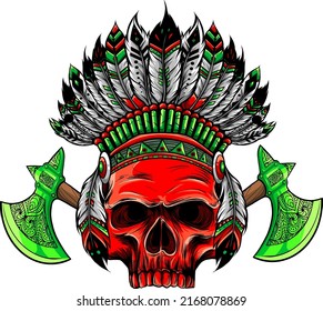 Indian Skull With Headdress Of Feathers. The Leader Of A Tribe Of Indians. Vector.