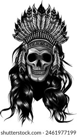 Indian skull with headdress of feathers. The leader of a tribe of Indians. Totem. Line art. Black and white drawing by hand.
