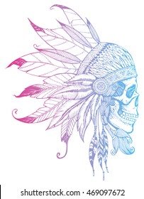 Indian skull with headdress of feathers. The leader of a tribe of Indians. Totem. Line art. Drawing by hand. Tattoo. Doodle. Zentangle. Stylized.