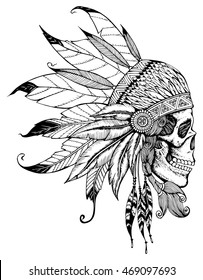 Indian skull with headdress of feathers. The leader of a tribe of Indians. Totem. Line art. Black and white drawing by hand. Tattoo. Doodle. Zentangle. Stylized.