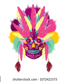 Indian skull icon with feathers, pink color vector illustration