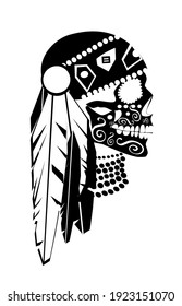 Icono de cráneo indio con plumas, vista lateral en blanco y negro, vector. 