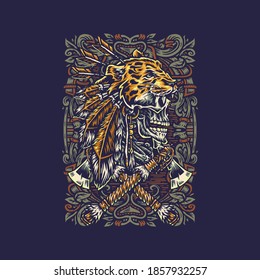 Indian skull with a jaguar t shirt graphic design, isolated on dark background