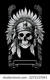 Indian skull logo black and white hand drawn illustration