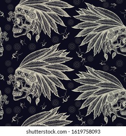 Indian skull. Seamless pattern. Packing old paper, scrapbooking style. Vintage background. Medieval manuscript, engraving art. Warrior symbol 