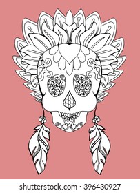 Indian Skull. sorcerer skull. Priest Skull. Totem. Charm. Skull with feathers. Skull with flowers. Line art. Black and white drawing by hand. Decorative. Stylized.