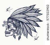 Indian skull tattoo art. Warrior symbol. Native American indian feather headdress with human skull t-shirt design