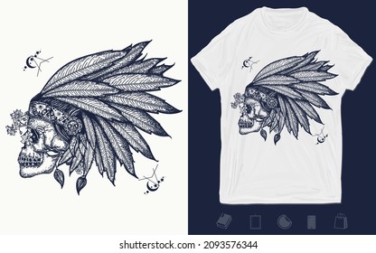 Indian skull tattoo art. Warrior symbol. Native American t-shirt design. Vector graphics template. Hand drawn illustration 