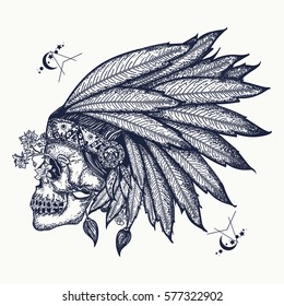 Indian skull tattoo art. Warrior symbol. Native American indian feather headdress with human skull t-shirt design