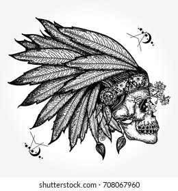 Indian skull tattoo art. Warrior symbol. Native American feather headdress with human skull t-shirt design 