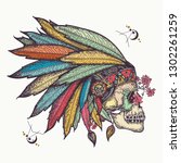 Indian skull. Tattoo and t-shirt design. Warrior symbol. Native American indian feather headdress with human skull 