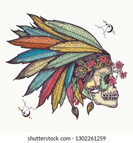 Indian skull. Tattoo and t-shirt design. Warrior symbol. Native American indian feather headdress with human skull 