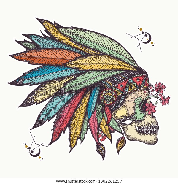 Indian skull.\
Tattoo and t-shirt design. Warrior symbol. Native American indian\
feather headdress with human skull\
