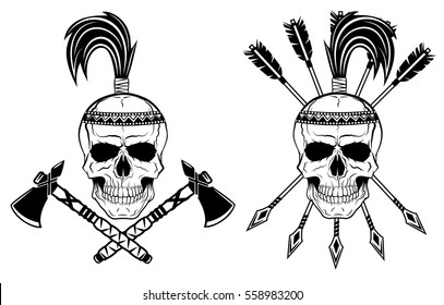 indian skull and tomahawk and arrows set, Vector illustration