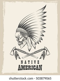 Indian skull in war bonnet and tomahawk. Vector illustration in engraving style.