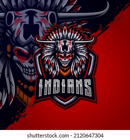 Indian Skulll Longhorn E-Sport logo design template