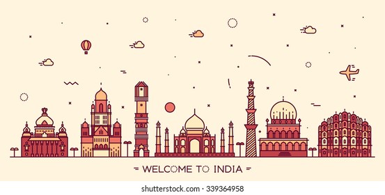 Indian skyline. Bangalore, Mumbai, Ahmedabad, Delhi, Hyderabad, Jaipur landmarks. Trendy vector illustration, linear style