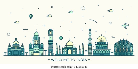 Indian skyline. Bangalore, Mumbai, Ahmedabad, Delhi, Hyderabad, Jaipur landmarks. Trendy vector illustration, linear style