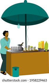 Indian Small Shopkeeper Making Lemon Juice On His Shop, Summer Umbrella, Dustbin, Bulb, Juicer