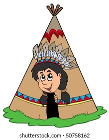Indian in small tepee - vector illustration.