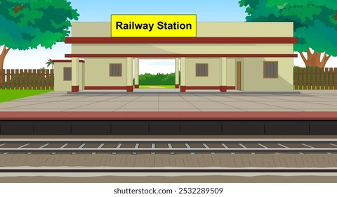 Indian Small Town Rail Station Background, Illustration, Indian Village Rail Station, empty railway track Vector