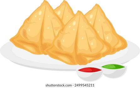 Indian Snack Samosa With Tomato And Coriander Chutney Vector Illustration Stock Image