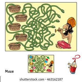 Indian snake charmer. Educational maze game for children. Cartoon vector illustration