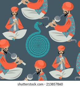 Indian snake charmer. Seamless background pattern. Vector illustration. 