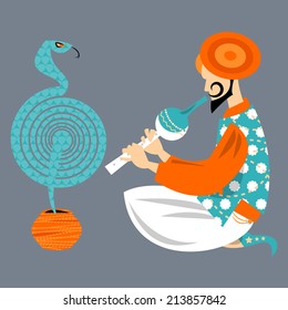 Indian snake charmer. Vector illustration. 