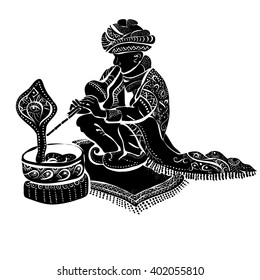 Indian snake charmer. Vector illustration.