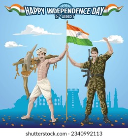 Indian Soldier and Farmer holding National Flag together with Independence day wishes