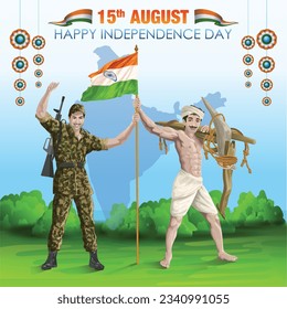 Indian Soldier and Farmer with National Flag in front of India Background