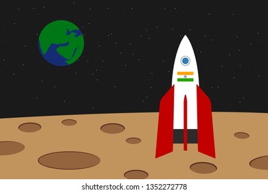 Indian spaceship on moon surface. Vector illustration.
