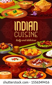 Indian spice rice with meat, seafood and vegetable dishes vector design. Pilau, lentil and shrimp soups, cauliflower casserole, cheese paneer and chicken curry, battered prawns and milk pudding