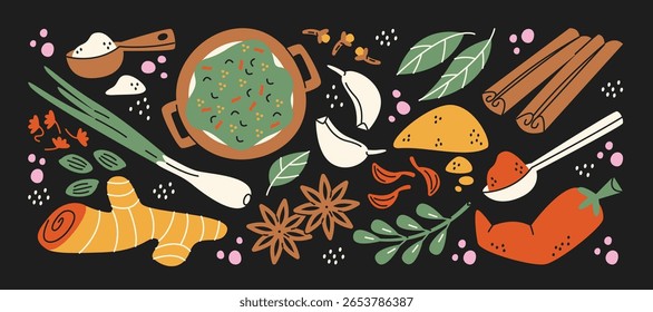 Adesivos indianos de especiarias em estilo retro cartoon.Herbs set: cúrcuma, alho, canela, pimenta, ervas. Ingredientes masala tradicionais, ilustração em estilo funky, rabiscar, conjunto de formas na moda.