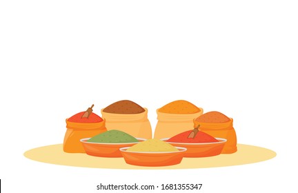 Indian spices assortment cartoon vector illustration. Traditional flavourings in bowls and sacks flat color object. Cooking items, food ingredients, condiments isolated on white background