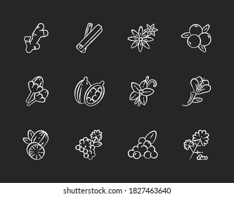 Indian spices chalk white icons set on black background. Aromatic flavoring. Cinnamon and star anise. Coriander and black pepper. Asian seasonings. Isolated vector chalkboard illustrations
