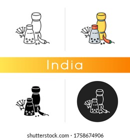 Indian spices and herbs icon. Traditional seasoning. Asian culture. Cooking ingredients. Chili and black pepper. Food additives. Linear black and RGB color styles. Isolated vector illustrations