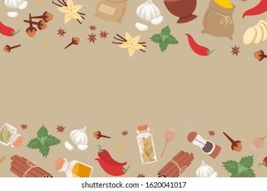 Indian spices and herbs from India flavor ingredient for food condiments cartoon vector illustration banner. Mint leaves, cloves, pepper and herbs, ginger repeating pattern banner.