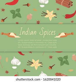 Indian spices and herbs from India flavor ingredient for food condiments cartoon vector illustration on green background with text space. Mint leaves, cloves, pepper and herbs, ginger poster.