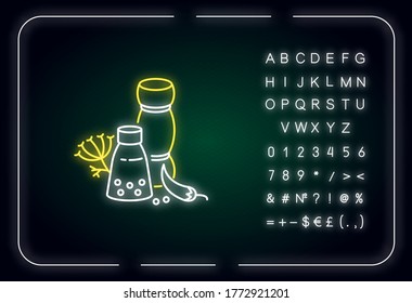 Indian spices and herbs neon light icon. Seasoning. Cooking ingredients. Chili and black pepper. Outer glowing effect. Sign with alphabet, numbers and symbols. Vector isolated RGB color illustration