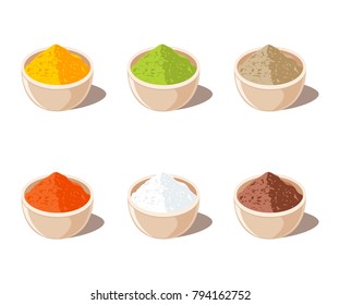 Indian Spices Powder In Bowl. Vector Illustration